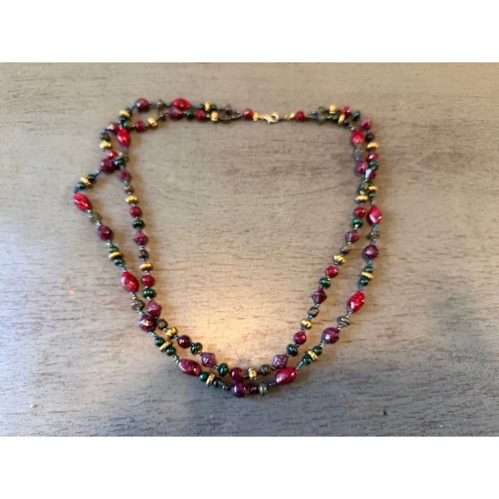 Vintage Multi Strand Beaded Necklace Red Green Gold Tone Jewel Tone 24 Inch